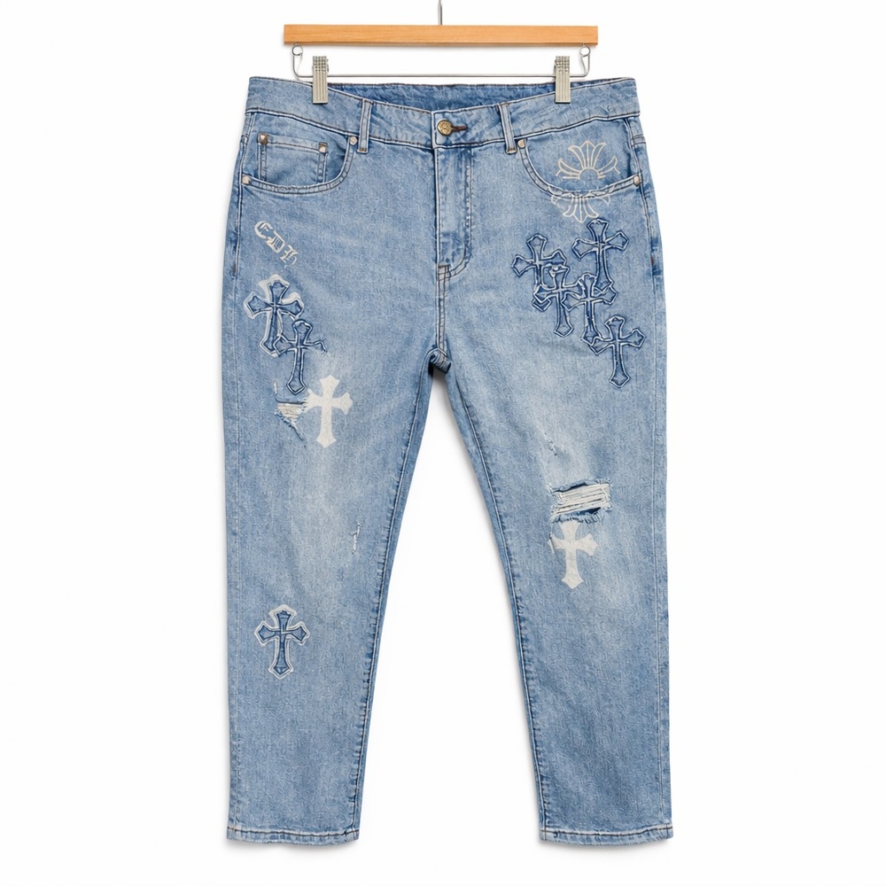CDH Homme Gothic Cross Embroidery Distressed Blue Denim Jeans Y2K Streetwear s34 - Picture 2 of 8